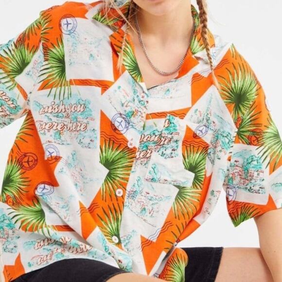 Urban Outfitters Tops - Urban Outfitters Passport Vacation Button Down Shirt Orange size medium